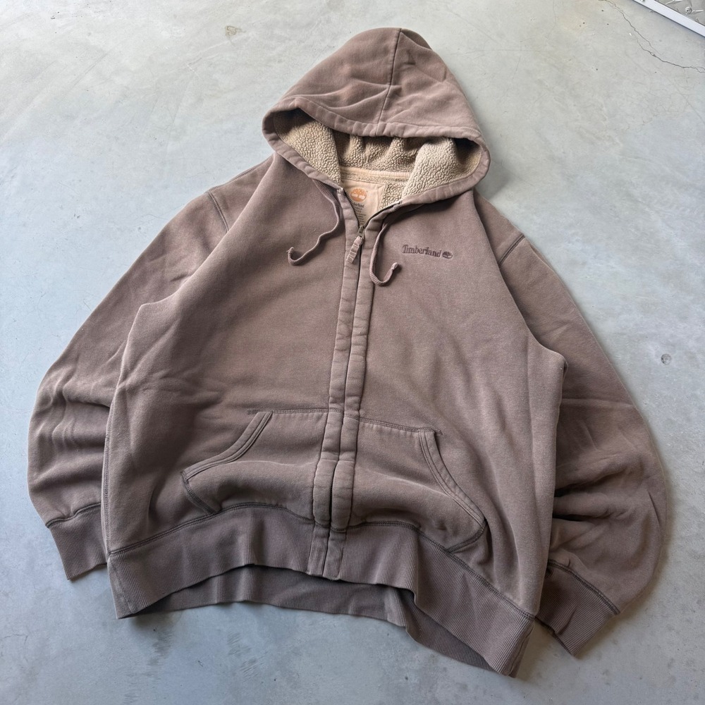 Timberland Mens 2XL Brown Sherpa Lined Full Zip Hoodie Logo Sweatshirt